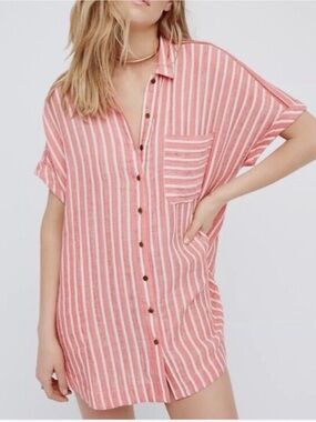 Free People Pink and White Striped Mini Shirt Dress